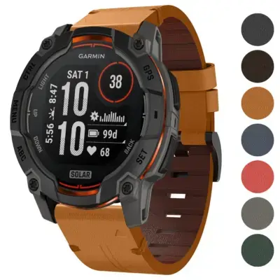 Italian leather strap for Garmin Instinct 3, featuring a stylish design and compatibility with Garmin Instinct and Instinct 3 models. Available in multiple colors