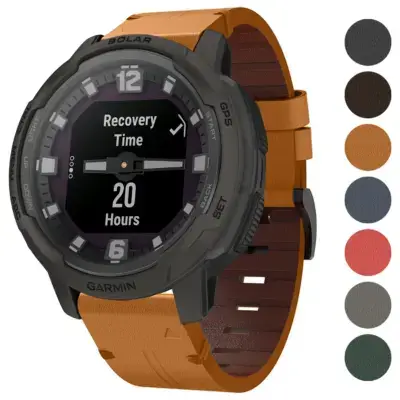 Italian leather strap for Garmin Instinct and Instinct Crossover, featuring a sleek design in orange, enhancing style and comfort for outdoor adventures