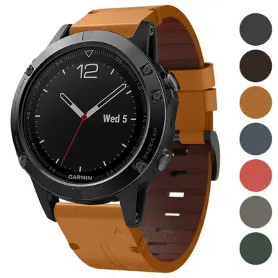 Italian leather strap designed for Garmin Quatix 5, featuring a stylish orange color with a sleek watch face, showcasing compatibility and elegance