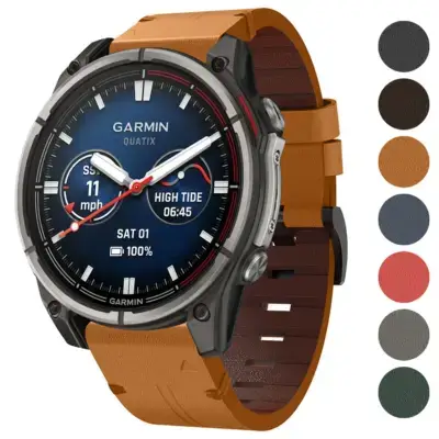 Italian leather strap for Garmin Quatix 7, featuring a stylish design in brown. Compatible with Garmin Quatix 7 and Quatix 7 models, enhancing both functionality and aesthetics