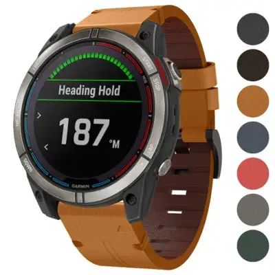 Italian leather strap for Garmin Quatix 7X, featuring a stylish design and compatibility with Garmin Quatix 7 and Quatix 7X models. Available in various colors