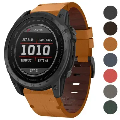 Italian leather strap designed for Garmin Tactix 7. Features a stylish orange color with a durable design, enhancing the watch's functionality and appearance