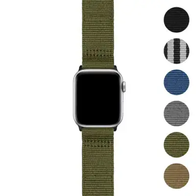 Pro Seatbelt Strap for Apple Watch in olive green, made of durable nylon. Compatible with various Apple Watch models and sizes, offering a stylish and secure fit