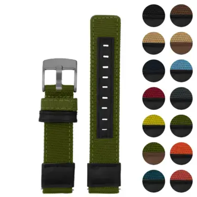 Rugged canvas band with quick release feature, available in various sizes (8mm to 22mm) and multiple colors. Durable and stylish for any watch