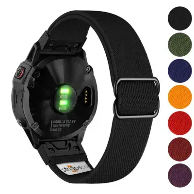 Nylon stretch band designed for Garmin watches, featuring a durable design and available in various colors. Ideal for comfort and style during workouts or daily wear