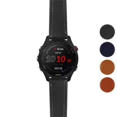 Italian leather strap designed for Garmin Forerunner 25 and 255, featuring a sleek black design and a stylish finish, enhancing both comfort and elegance