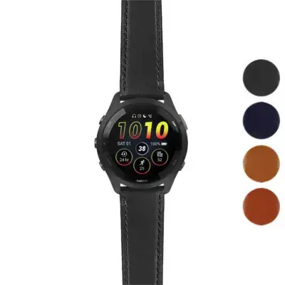 Italian leather strap designed for the Garmin Forerunner 265, showcasing a sleek black finish and compatible with various color options. Perfect for style and durability