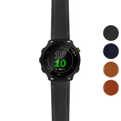 Italian leather strap designed for Garmin Forerunner 55. Features a sleek black design, enhancing the watch's style and comfort. Available in multiple colors