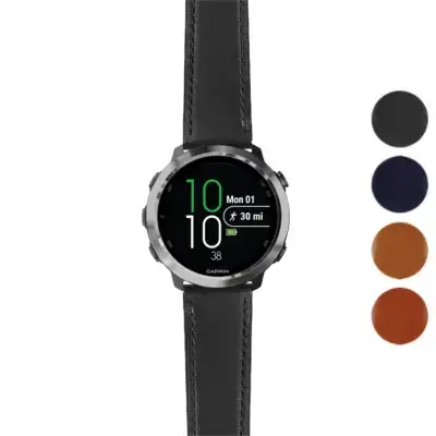 Italian leather strap designed for the Garmin Forerunner 645. Features a sleek black finish, enhancing style and comfort for your smartwatch. Available in multiple colors
