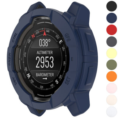 Flex Case for Garmin Instinct 3 in navy blue, designed for Garmin Instinct and Instinct 3 models. Available in sizes L, M, S, with multiple color options