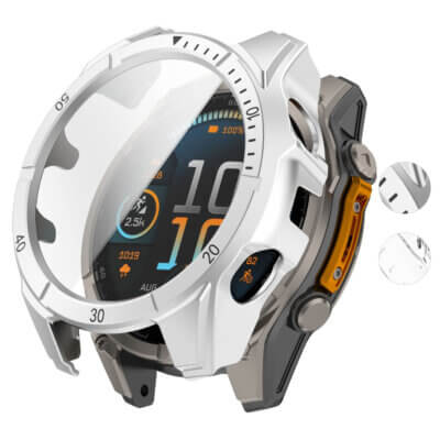 A protective case designed for the Garmin Tactix 8, featuring a clear shield and durable materials to safeguard the watch from scratches and impacts