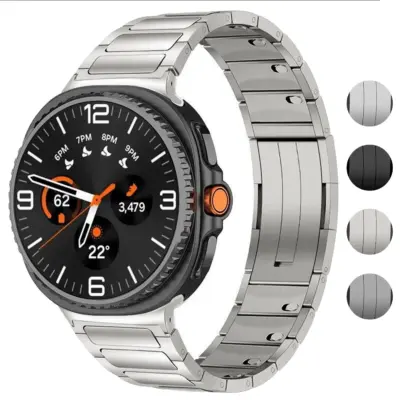 Titanium bracelet designed for Samsung Galaxy Watch 8, available in sizes L, M, and S. Features a sleek, durable design in silver, black, and gray options