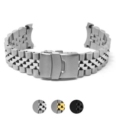 Super Jubilee Bracelet for Seiko SKX007, available in 20mm and 22mm sizes. Features a sleek stainless steel design with options in gold, silver, and black finishes