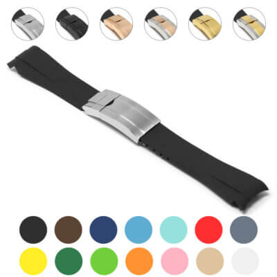 Fitted rubber replacement strap for Rolex, 20mm size. Available in various colors, featuring a sleek design and durable rubber material for comfort and style