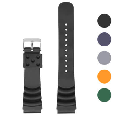 Rubber strap for Seiko Diver watches, available in sizes 20mm, 22mm, and 24mm. Features a durable design with multiple color options for a stylish look