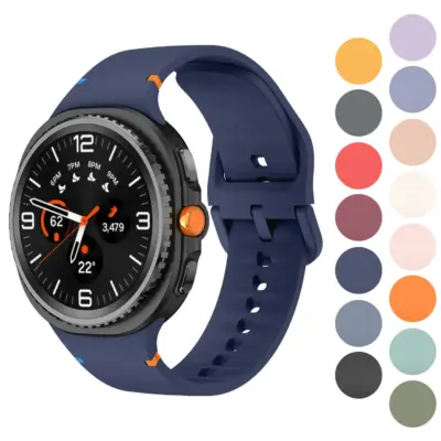 Active Band for Samsung Galaxy Watch 8 in navy blue, showcasing a sporty design. Available in sizes L, M, and S, with a variety of color options displayed