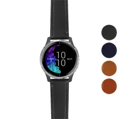 Italian leather strap for Garmin Venu, showcasing a sleek black design. Compatible with Garmin Venu models, available in various colors. Perfect for style and comfort