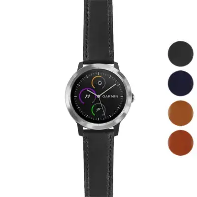 Italian leather strap for Garmin Vivoactive 3, featuring a sleek black design. Compatible with Garmin Vivoactive models. Available in multiple colors