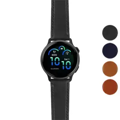 Italian leather strap for Garmin Vivoactive 6, featuring a sleek design. Compatible with Garmin Vivoactive models. Available in multiple colors: black, navy, brown, and tan