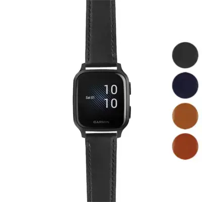 Italian leather strap for Garmin Venu Sq, featuring a sleek design. Compatible with Garmin Venu and Venu Sq. Available in multiple colors: black, navy, orange, and brown