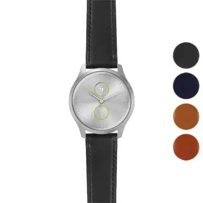 Italian leather strap for Garmin Vivomove and Vivomove Style. Features a sleek design and is available in multiple colors, enhancing the watch's elegance and comfort