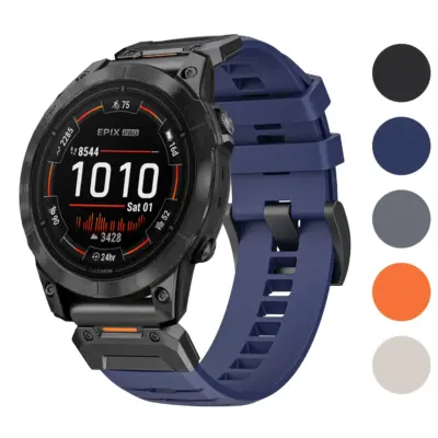 Elite FKM strap for Garmin Epix Pro (47mm) in navy blue. Compatible with Garmin Epix models. Available in sizes L, M, and S. Durable and stylish for active lifestyles