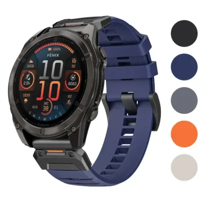 Elite FKM Strap for Garmin Fenix 8 & 8 Pro in blue, designed for 51mm watches. Available in sizes L, M, and S, offering durability and style for outdoor activities