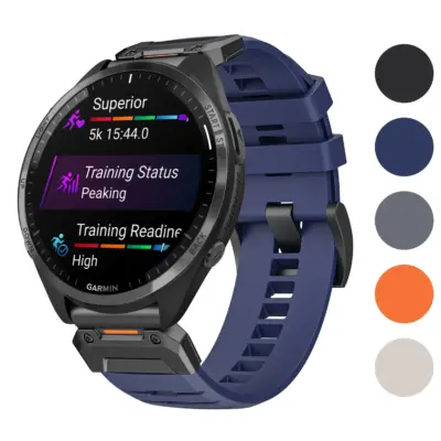 Elite FKM Strap for Garmin Forerunner 965 in navy blue, showcasing compatibility with Forerunner 965 models. Available in sizes L, M, S. Durable and stylish design