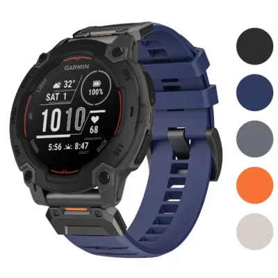 Elite FKM strap for Garmin Instinct E (45mm) in blue, compatible with Garmin Instinct models. Made from durable FKM material, available in sizes L, M, and S