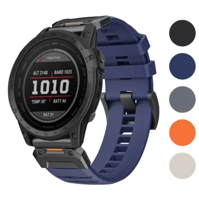 Elite FKM Strap for Garmin Tactix 7 in blue, designed for durability and comfort. Available in sizes L, M, and S. Compatible with Garmin Tactix 7 and Tactix 7 models