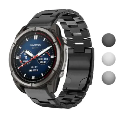 Vented Titanium Bracelet for Garmin Quatix 8, 51mm size. Sleek design in black, perfect for outdoor adventures. Available in sizes L, M, and S