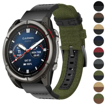 Rugged canvas band for Garmin Quatix 8 (51mm) in green, showcasing durability and style. Available in sizes L, M, S, with multiple color options displayed