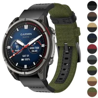 Rugged canvas band for Garmin Quatix 8 (47mm) in green, featuring durable materials and available in sizes S, M, L. Ideal for outdoor activities and style