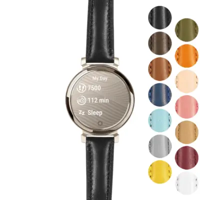 Classic Women’s Strap for Garmin Lily 2 in black leather, compatible with Garmin Lily models. Available in sizes L, M, and S, perfect for stylish everyday wear