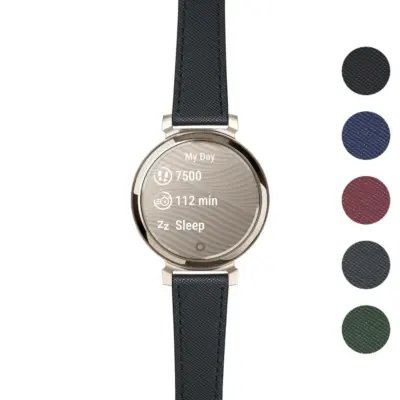 DASSARI Premium Saffiano Leather Strap for Garmin Lily 2 features a sleek design in multiple colors. Available in sizes L, M, and S, it adds elegance to your smartwatch