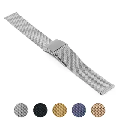 Pro Mesh Strap with Quick Release in silver metal and mesh, showcasing various color options: gray, black, gold, purple, and brown. Available in multiple sizes from 6mm to 22mm