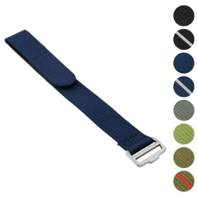 One-Piece Field Strap made of durable nylon, available in 20mm and 22mm sizes. Features a secure metal buckle and comes in various colors for versatile use