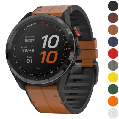 Leather Hybrid Strap for Garmin Approach S62 in brown, compatible with Garmin Approach S6 and S62. Available in sizes L, M, S. Stylish and durable design for active use
