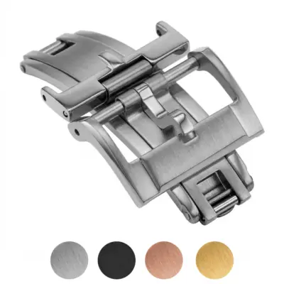 A sleek Spring-Loaded Tang Clasp in stainless steel, showcasing its elegant design. Available in sizes L and S, with color options: silver, black, rose gold, and gold