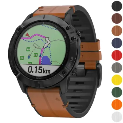 Leather Hybrid Strap for Garmin QuickFit 22 Watches in brown, showcasing its sleek design and durability. Available in sizes L, M, and S. Perfect for style and function