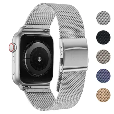 Pro Mesh Strap for Apple Watch in silver mesh, compatible with various models including Series 1, 4, 5, 7, 8, Ultra, SE, and Series 9-11. Available in multiple sizes