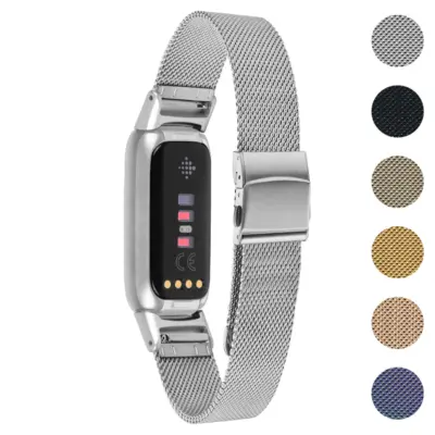 Pro Mesh Strap for Fitbit Luxe in metal, available in sizes L, M, and S. Features a sleek design and comes in various colors for a stylish look