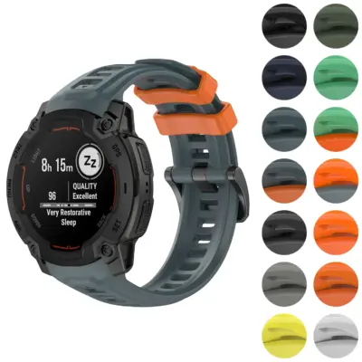 PrecisionFit Strap for Garmin Instinct E (45mm) displayed on a Garmin watch, showcasing various color options including gray, orange, and green. Compatible with Garmin Instinct models