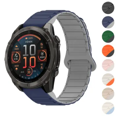 MagLoop Active Strap for Garmin QuickFit 20 watches in blue and gray, available in sizes L, M, and S. Stylish and durable, perfect for active lifestyles