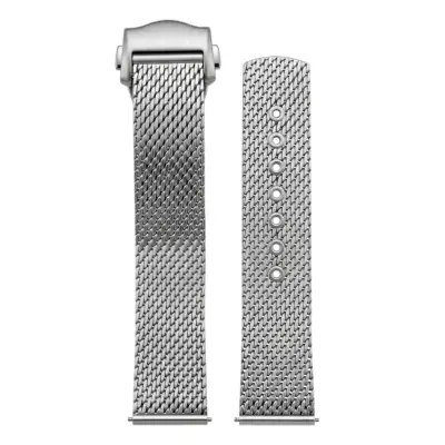 Silver mesh bracelet with deployant clasp designed for Omega Seamaster watches. Features a sleek metal finish and measures 20mm in width for a secure fit