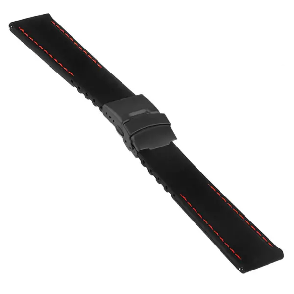 Rubber Strap In Black W Red Stitching & Matte Black Clasp