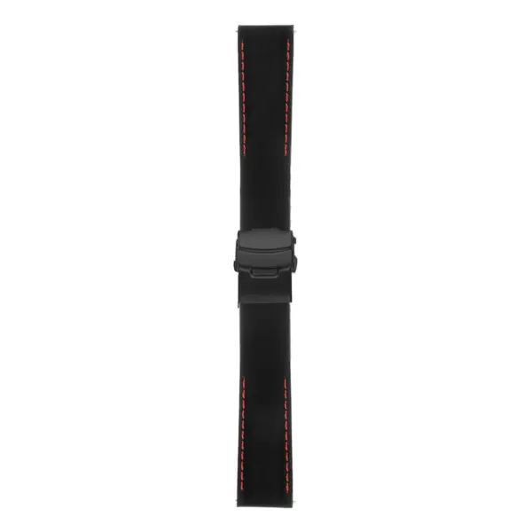 Rubber Strap In Black W Red Stitching & Matte Black Clasp