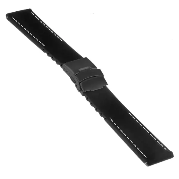 Rubber Strap In Black W White Stitching & Matte Black Clasp