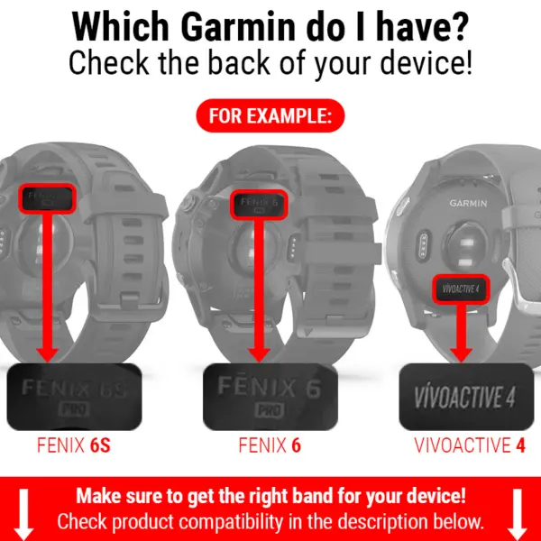 Image showing the Endurance Strap for Garmin Instinct, with examples of compatible Garmin models: Fenix 6S, Fenix 6, and Vivoactive 4, highlighting compatibility options