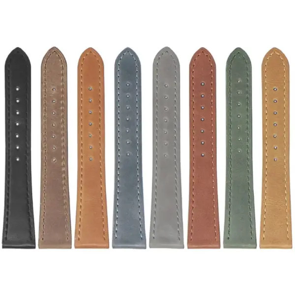 A collection of Vintage Waxed Leather Straps in various colors and sizes (8mm to 24mm), featuring a quick-release mechanism for easy attachment